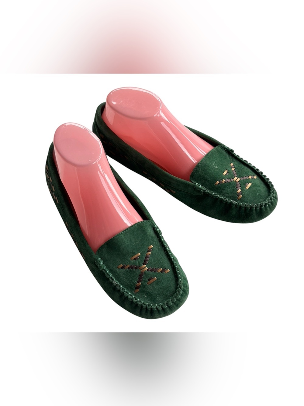 UGG Green Suede Geometric Embroidered Driving Moccasins Loafers Size 8
